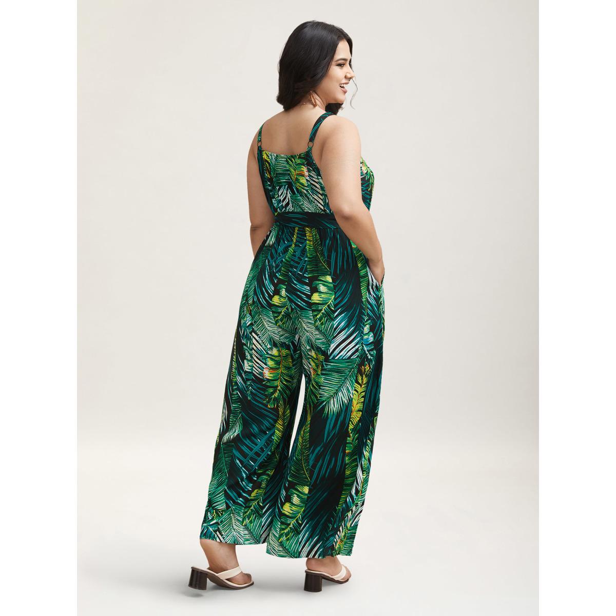Plus Size BlackFlower Tropical Leaf Print Stretchy Belted Slit Jumpsuit Women Resort Sleeveless Overlap Collar Vacation Loose Jumpsuits BloomChic 26/4X Product Image