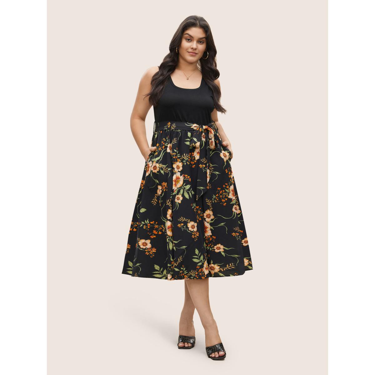 Plus Size Floral Patchwork Pocket Elastic Waist Sleeveless Dress Black Women Elegant Non Sleeveless Curvy Midi Dress BloomChic 22-24/3X Product Image