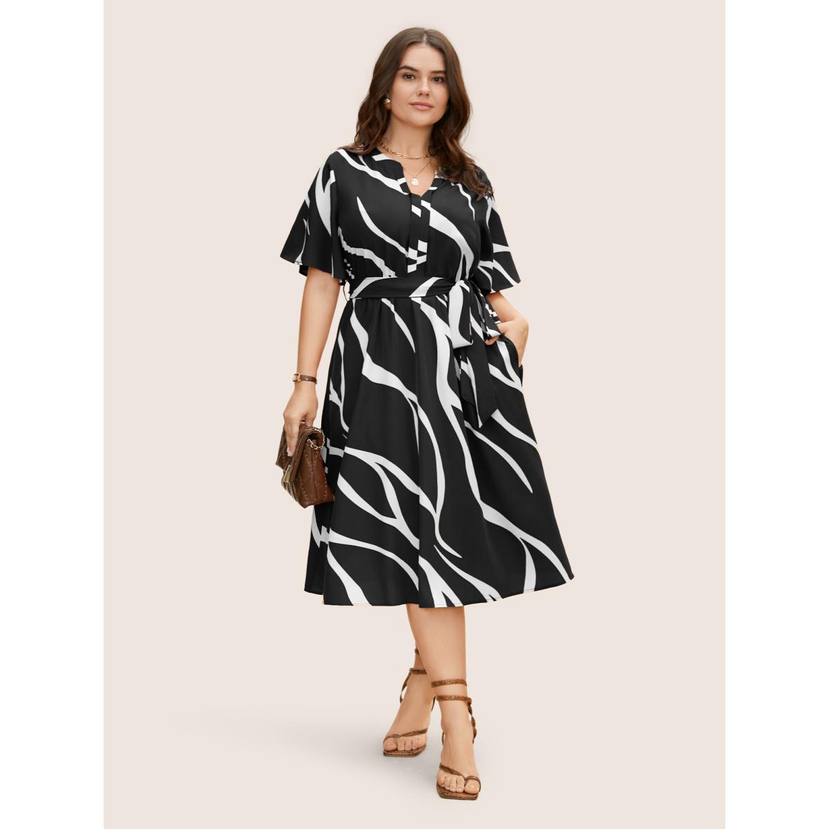 Plus Size Geometric Surplice Neck Tie Knot Midi Dress Black Women At the Office Belted Flat collar with V-notch Short sleeve Curvy BloomChic 12/L Product Image