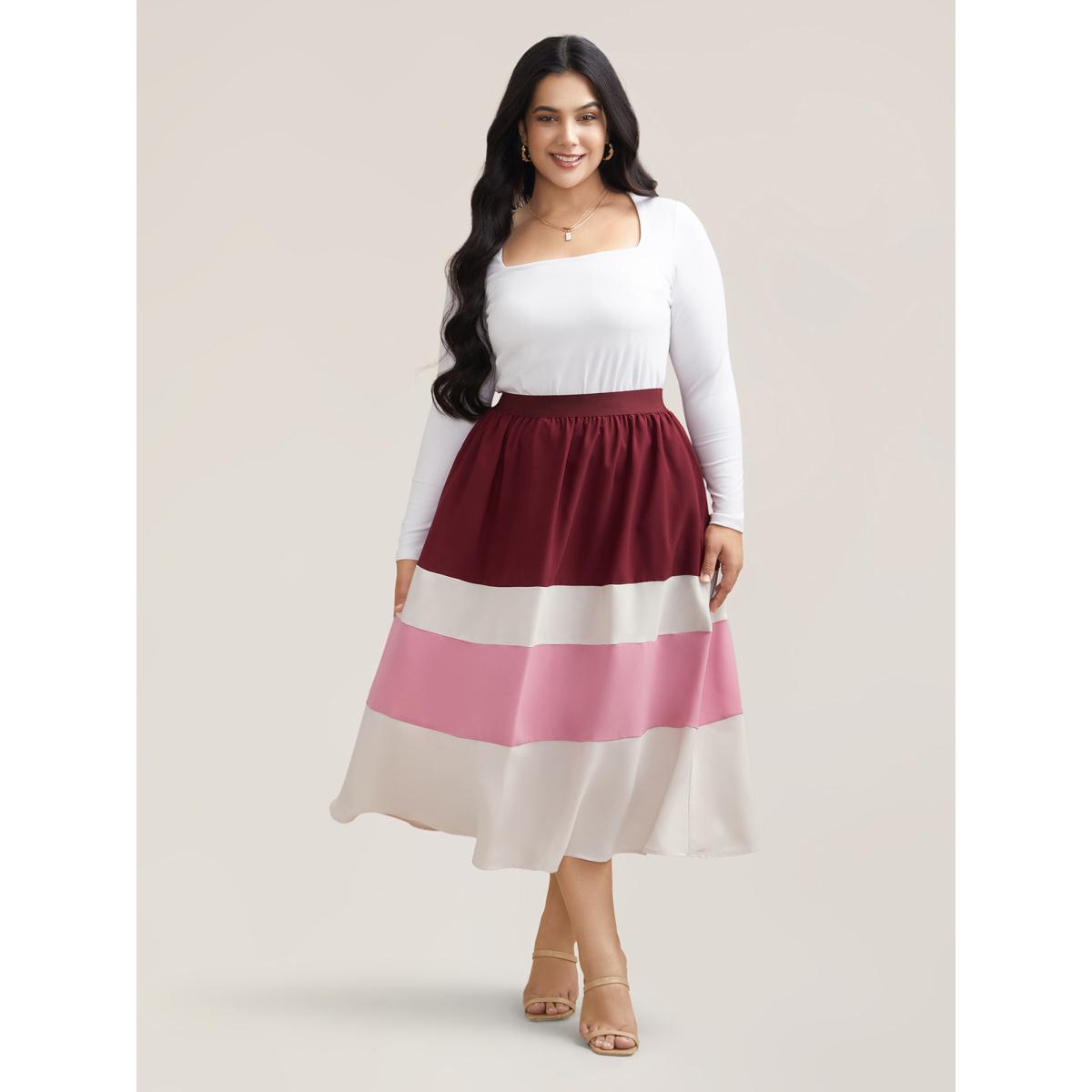 Plus Size Color Block Tiered Midi Skirt Women Scarlet Elegant Contrast Loose Low stretch Side seam pocket Everyday Skirts BloomChic 30/6X Product Image
