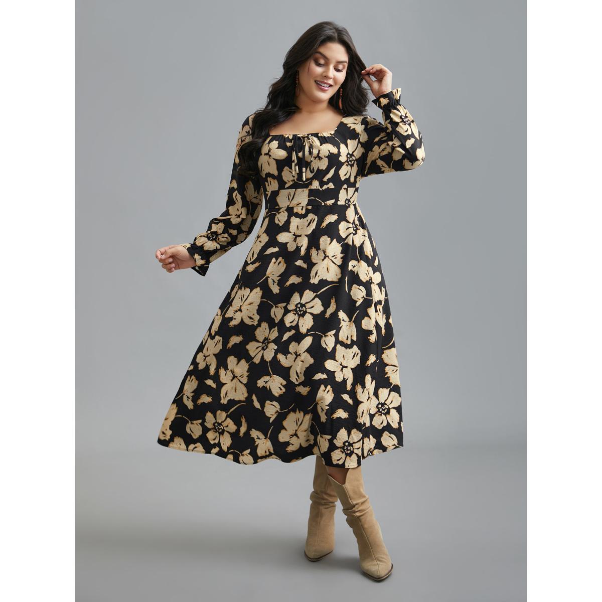 Plus Size Square Neck Silhouette Flower Ruffled Dress Black Women Resort Tie knot Square Neck Long Sleeve Curvy BloomChic 18-20/2X Product Image