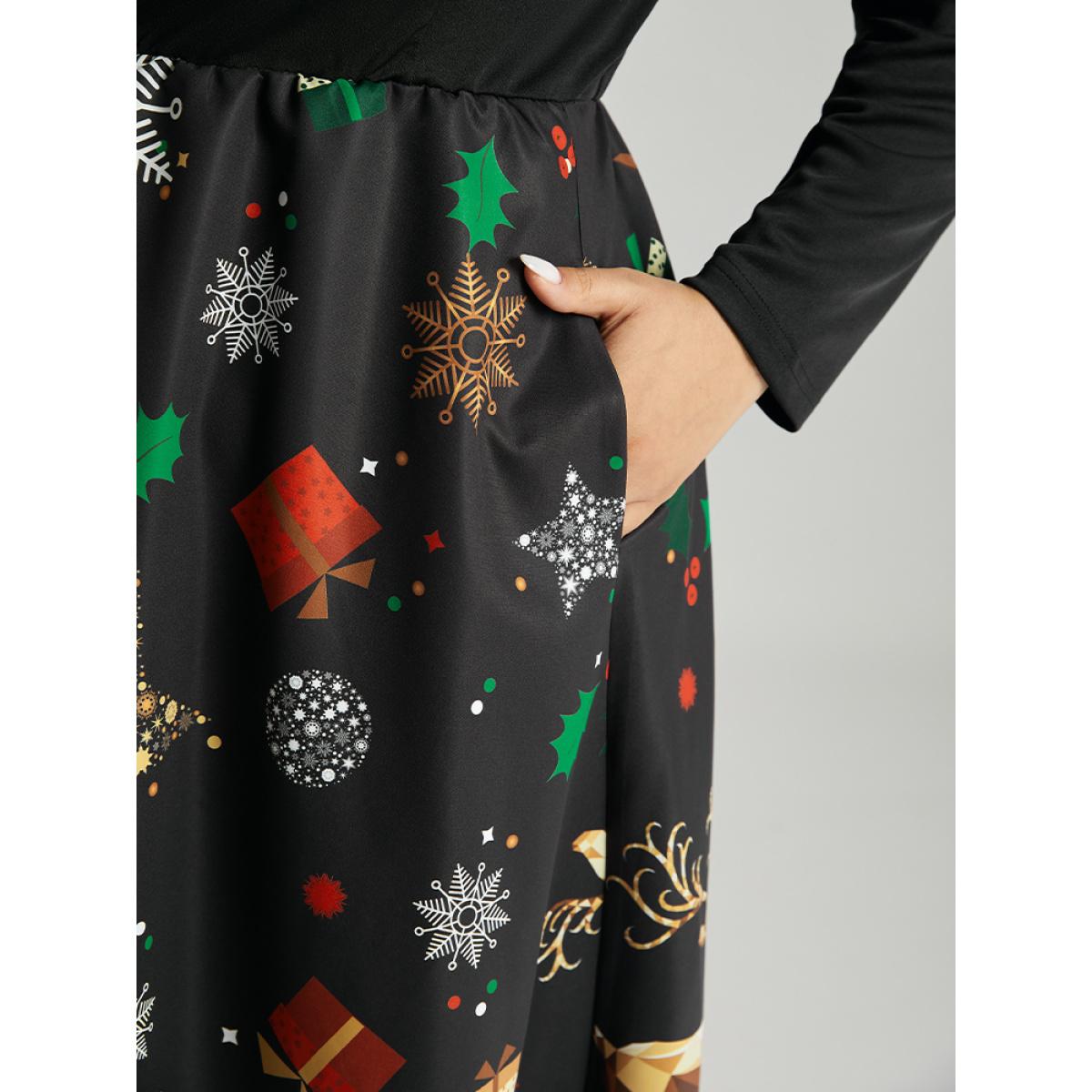 Plus Size Christmas Print Patchwork Scalloped Trim Elastic Waist Dress Black Women Glamour Printed Asymmetrical Neck Long Sleeve Curvy Midi Dress BloomChic 26/4X Product Image