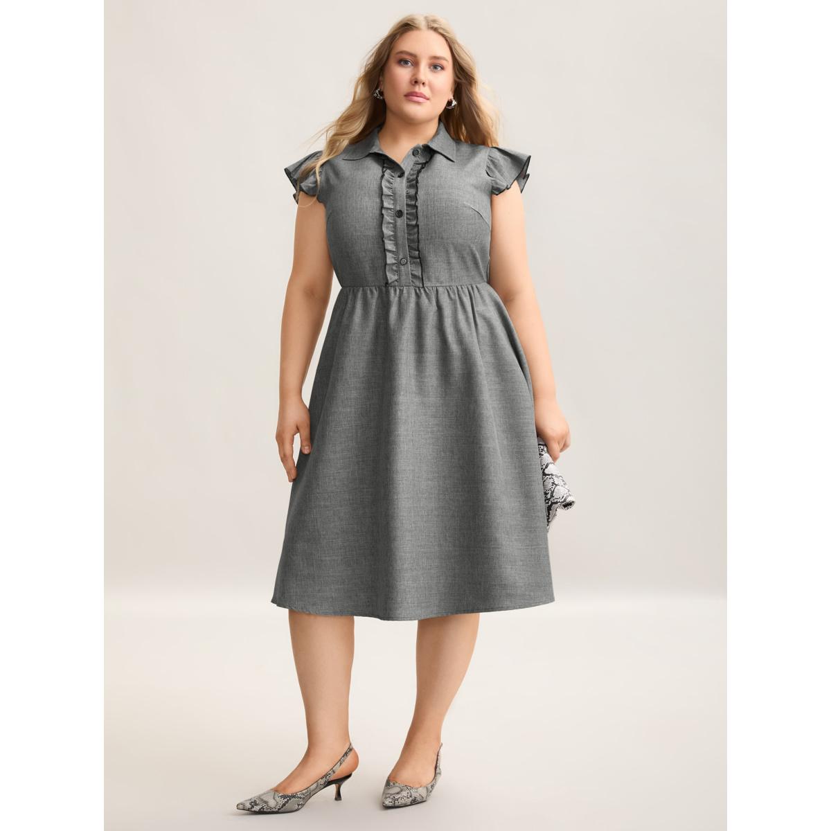 Plus Size Ruffled Trim Shirt Collar Flared Midi Dress DarkGray Women Office Frill Trim Shirt collar Cap Sleeve Curvy BloomChic 12/L Product Image
