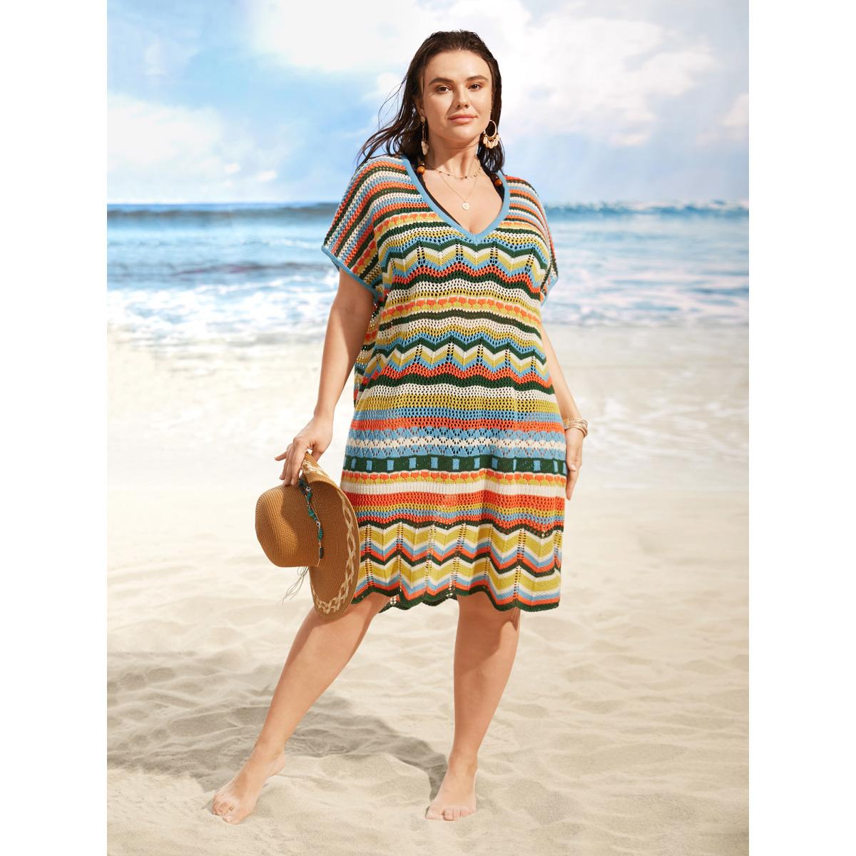 Plus Size V Neck Contrast Striped Batwing Sleeve Swim Cover Up Women's Swimwear Multicolor Beach Loose Texture Curve Swim Cover Ups BloomChic 22-24/3X Product Image
