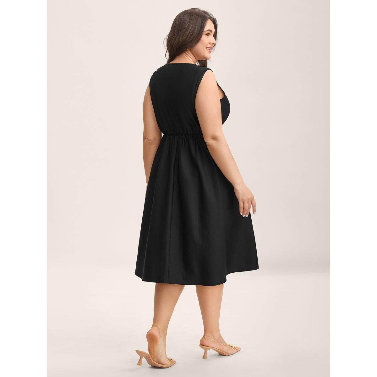 Plus Size Classic Woven Inner Pleated Midi Dress Black Women Office Round Neck Sleeveless Curvy BloomChic 14-16/1X Product Image
