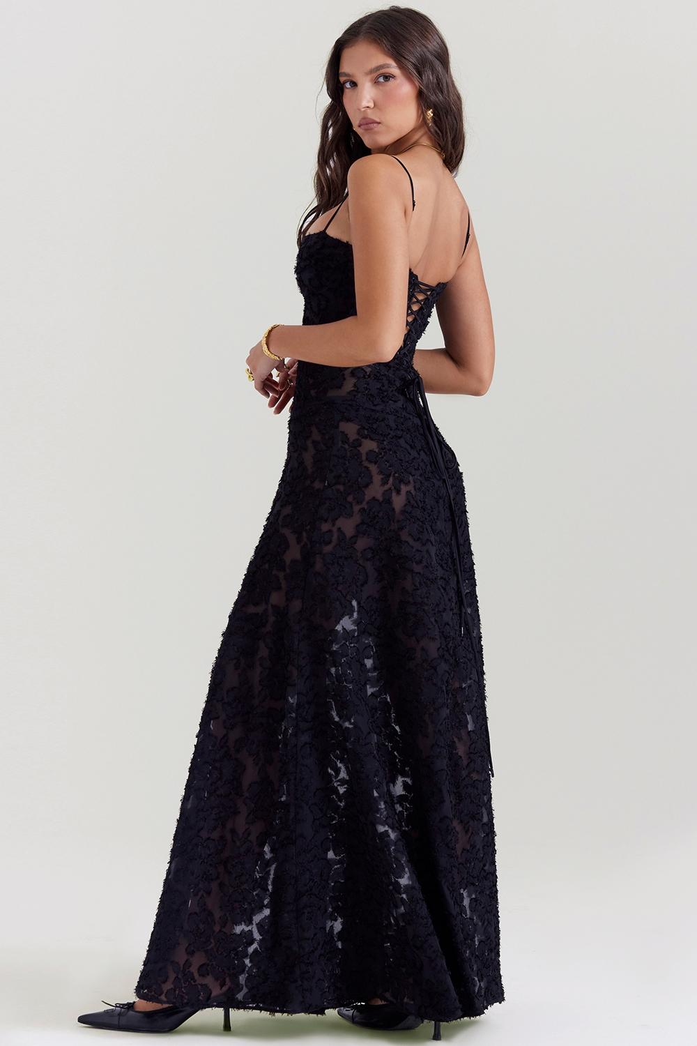 Seren  black floral lace back maxi dress Product Image