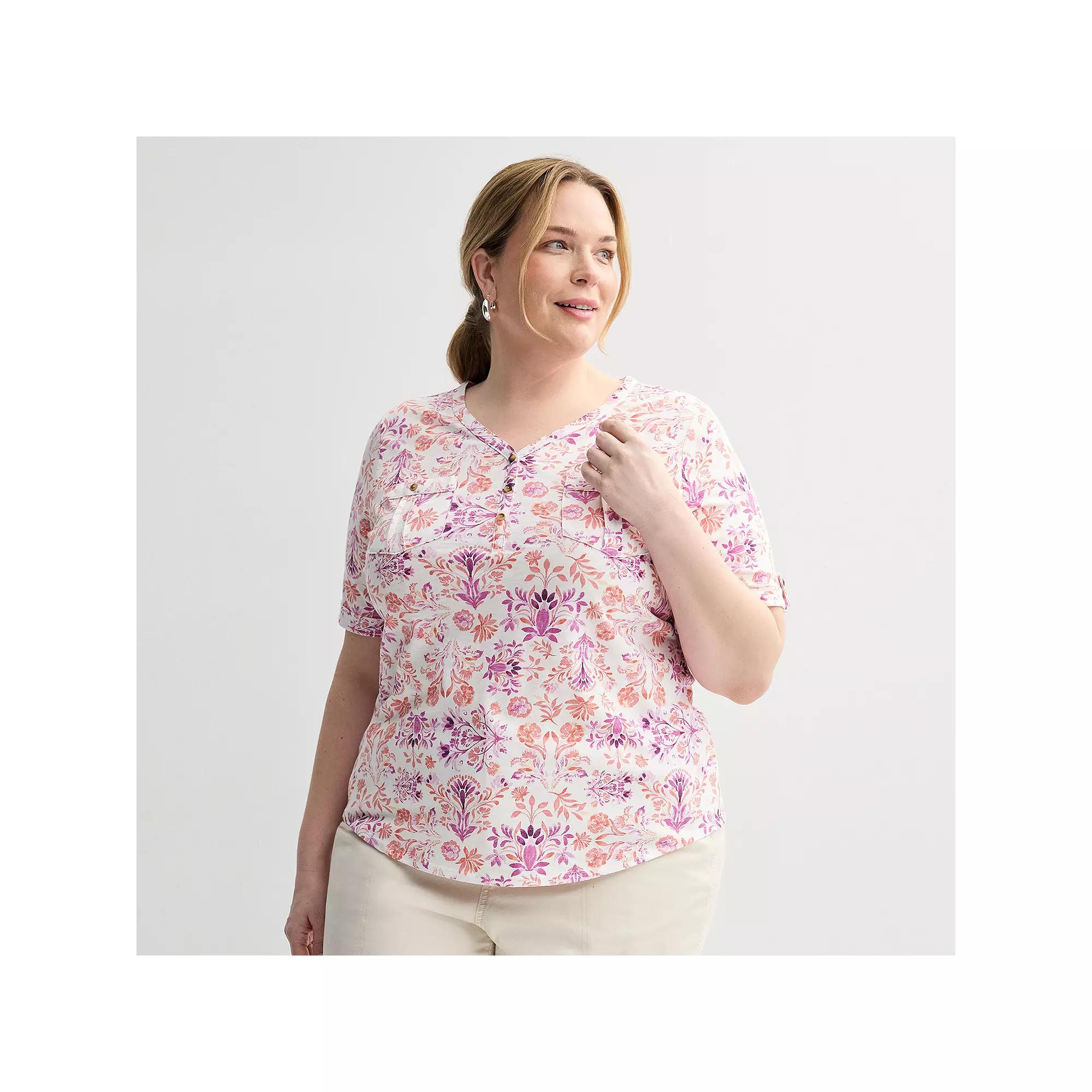 Plus Croft & Barrow® Elbow Sleeve Utility Henley Top, Women's,  Product Image