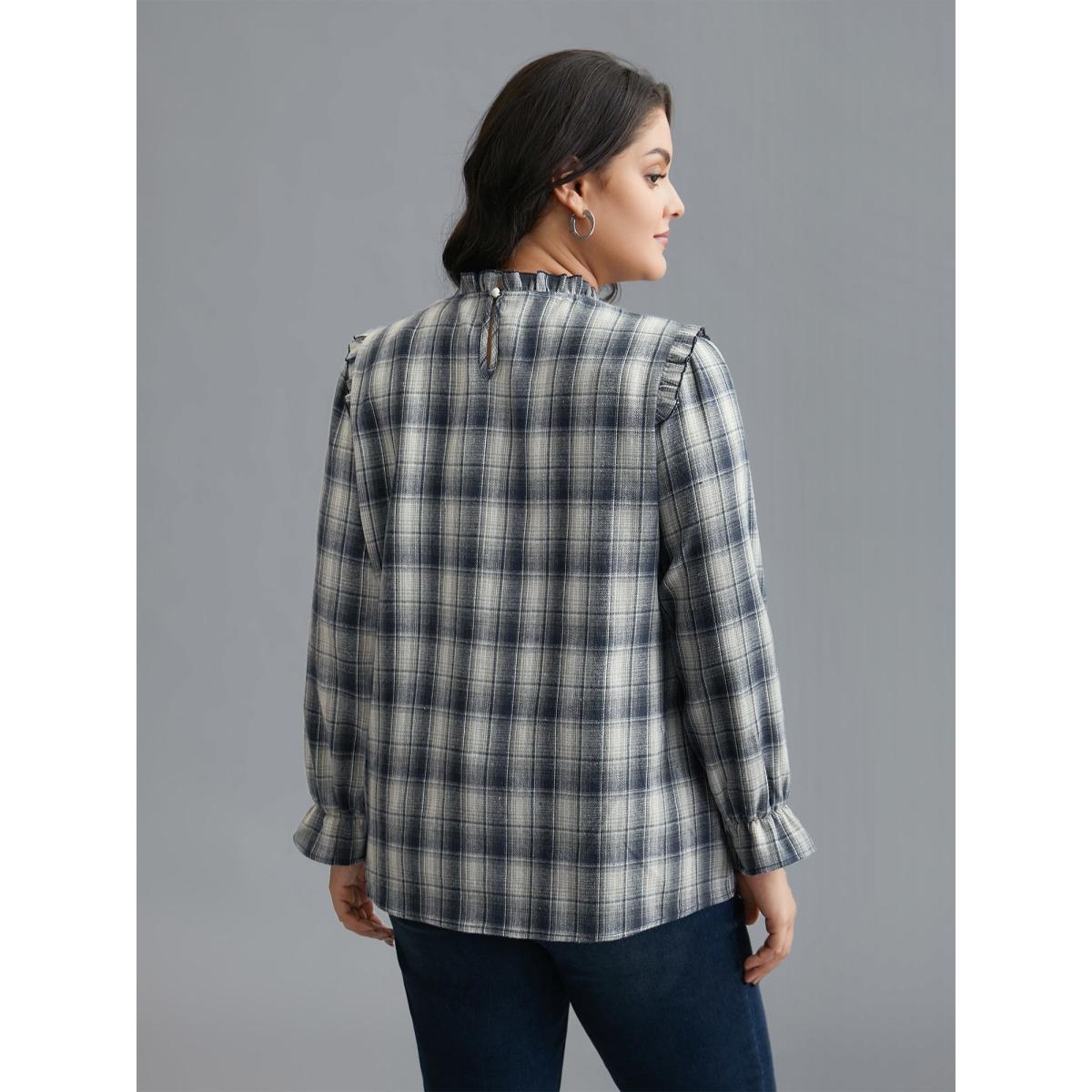 Plus Size Indigo Plaid Ruffle Trim Gathered Blouse Women Elegant Extra Long Sleeve Round Neck Everyday Blouses BloomChic 14-16/1X Product Image