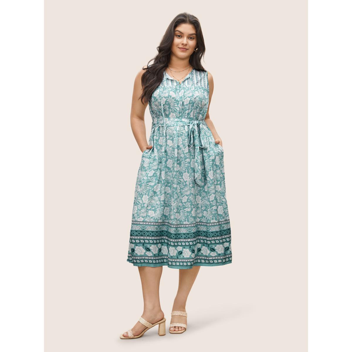 Plus Size Boho Print Tie Neck Belted Pleated Dress Turquoise Women Resort Non V-neck Sleeveless Curvy Midi Dress BloomChic 26/4X Product Image