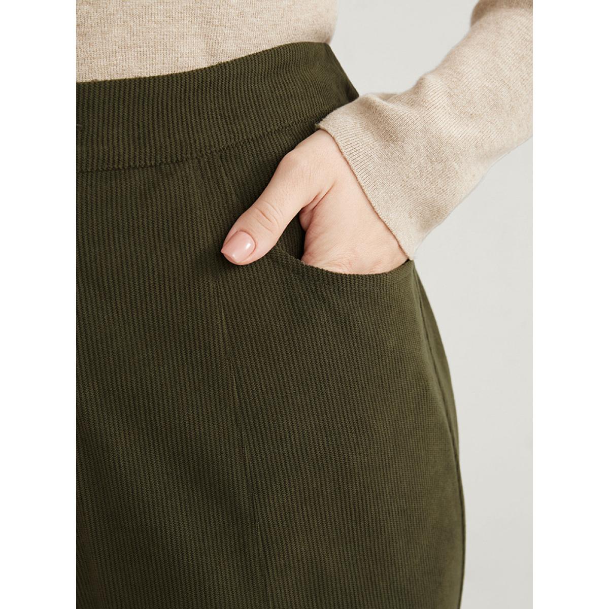 Plus Size Solid Elastic Waist Pocket Corduroy Bootcut Pants Women ArmyGreen Office Bootcut Mid Rise Work Pants BloomChic 30/6X Product Image