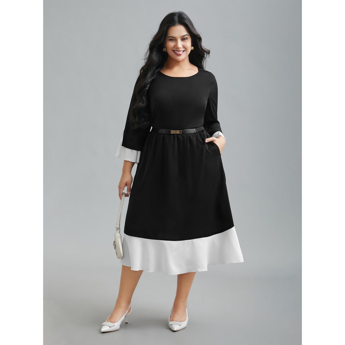 Plus Size Color Contrast Tiered Skirt Pocket Midi Dress Black Women At the Office Contrast Round Neck Elbow-length sleeve Curvy BloomChic 12/L Product Image