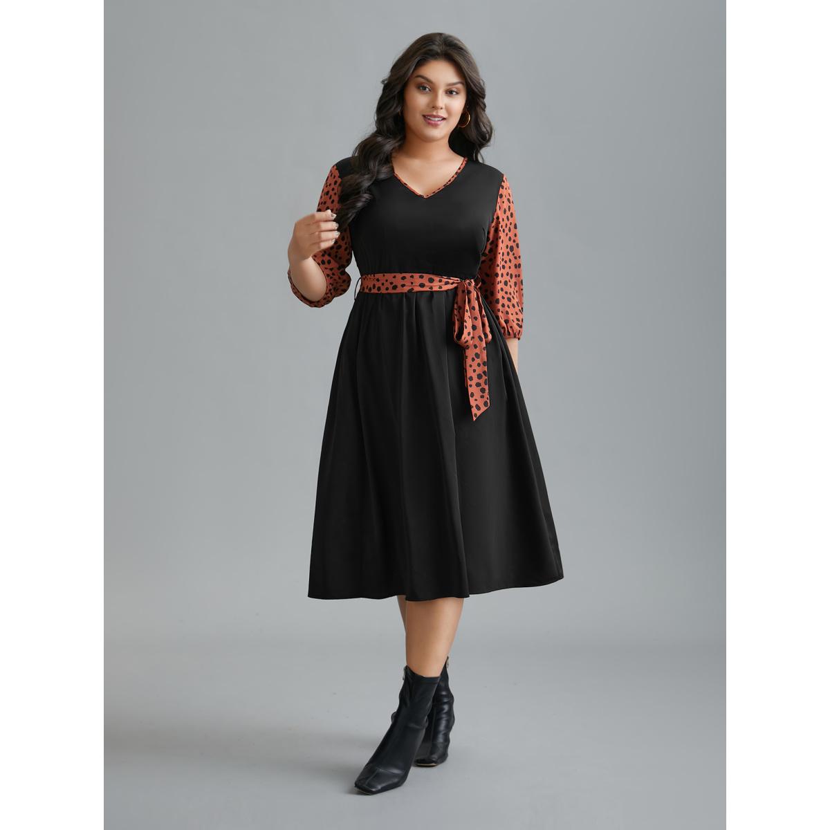 Plus Size V Neck Polka Dot Color contrast Dress Black Women Elegant Belted V-neck Elbow-length sleeve Curvy BloomChic 30/6X Product Image