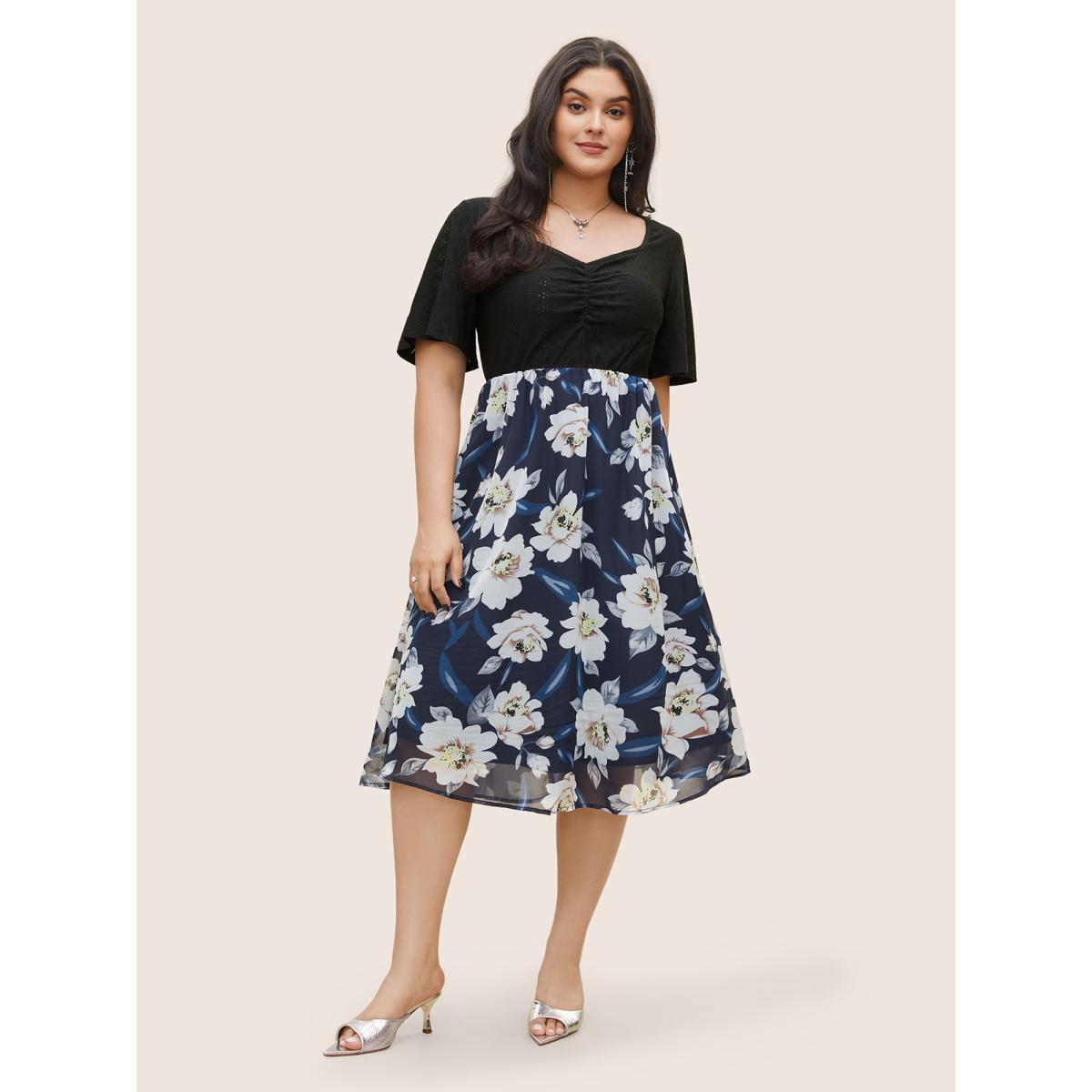Plus Size Chiffon Floral Patchwork Ruched Hollow Out Dress DarkBlue Women Elegant Non Square Neck Short sleeve Curvy Midi Dress BloomChic 18-20/2X Product Image