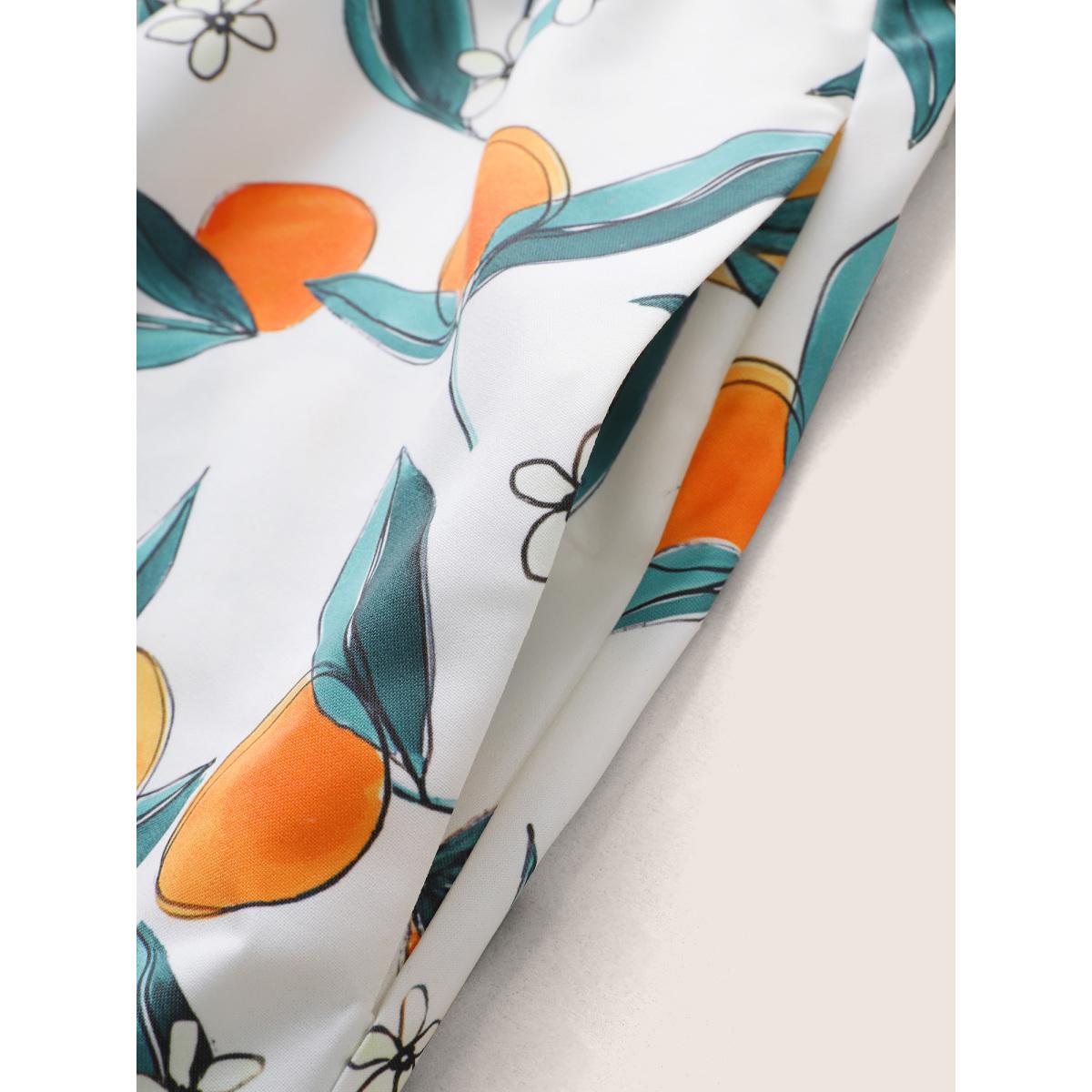 Plus Size Citrus Orange Print Overlap Collar Frill Trim Split Hem Dress Multicolor Women Elegant Overlapping Overlap Collar Half Sleeve Curvy Midi Dress BloomChic 18-20/2X Product Image