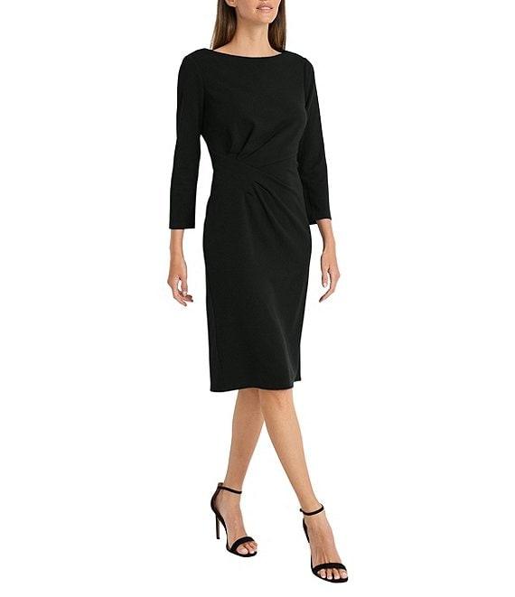 Maggy London Stretch Boat Neck 3/4 Sleeve Pleated Knot Waist Detailed Sheath Dress Product Image