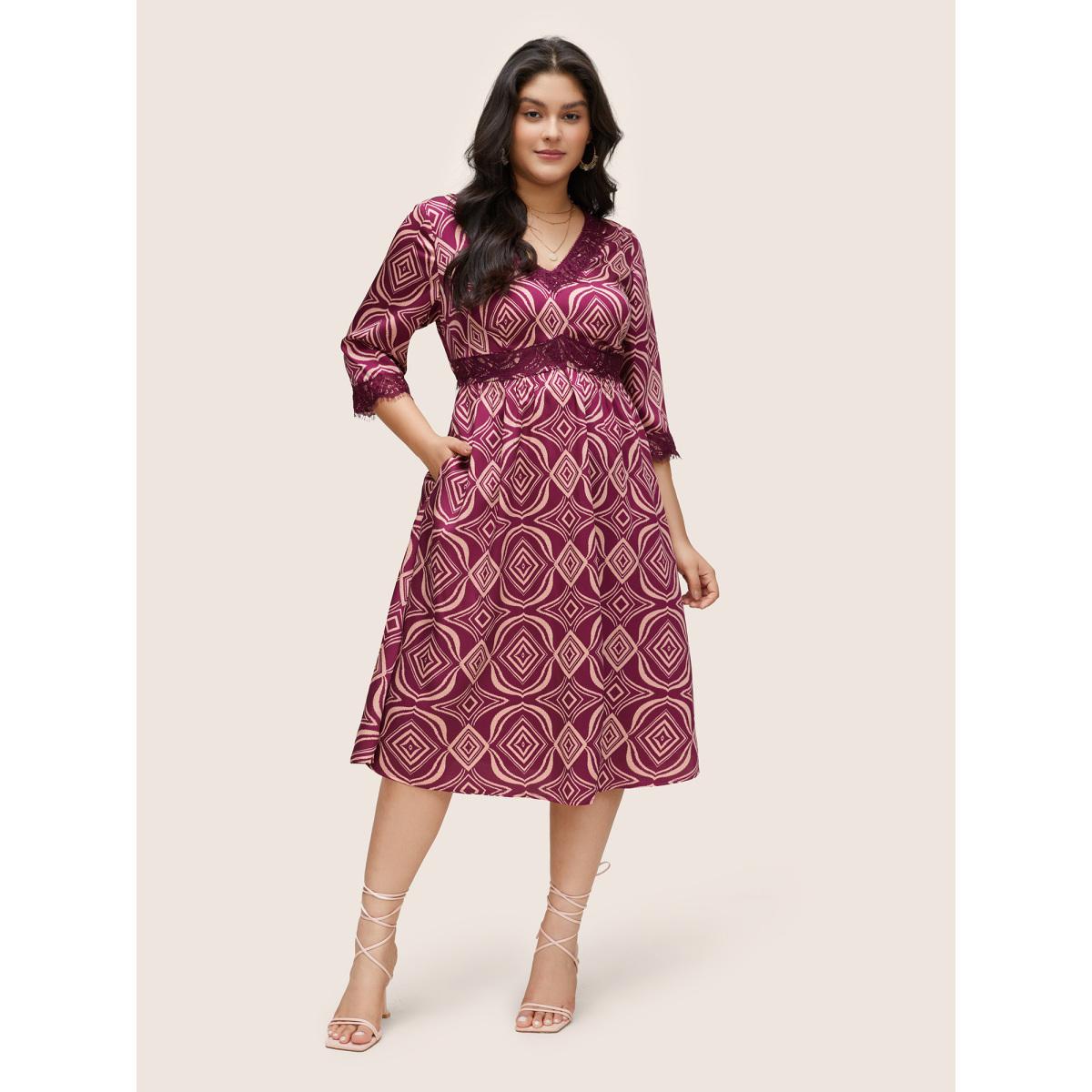Plus Size Geometric Lace Panel Patchwork Elastic Waist Dress RedViolet Women Resort Non V-neck Elbow-length sleeve Curvy Midi Dress BloomChic 14-16/1X Product Image