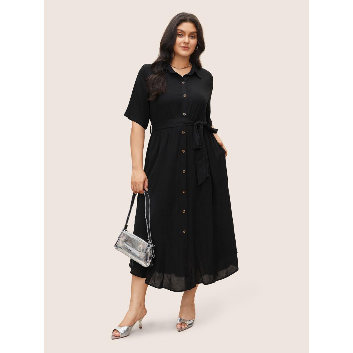 Belted Shirt Collar Button Plus Size Shirtdress Women Workleisure Plain Sleeve Short Sleeve Shirt Collar Pocket Workwear Long Dress BloomChic Product Image