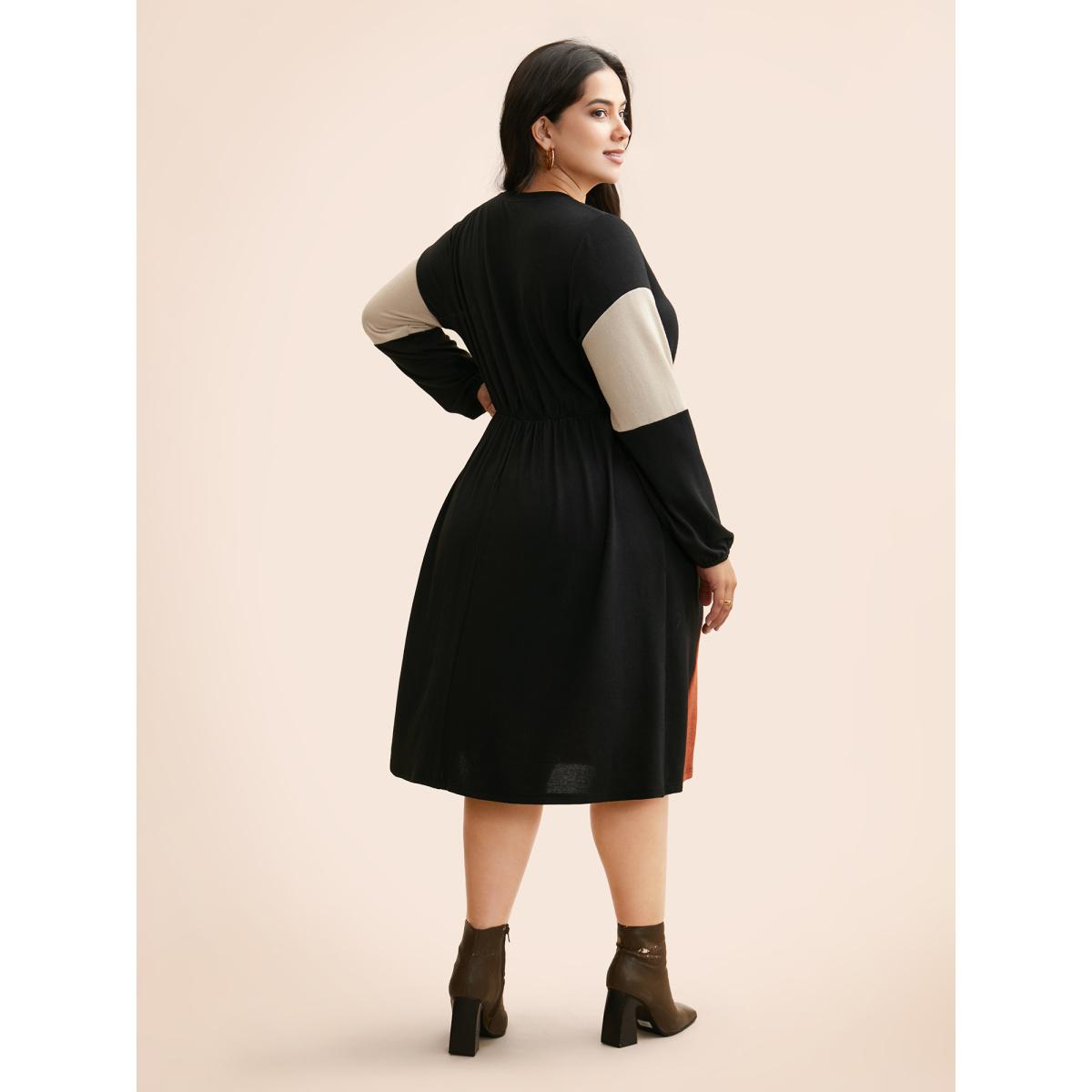 Plus Size Contrast Patchwork Lantern Sleeve Dress Black Women Casual Contrast Round Neck Long Sleeve Curvy BloomChic 30/6X Product Image