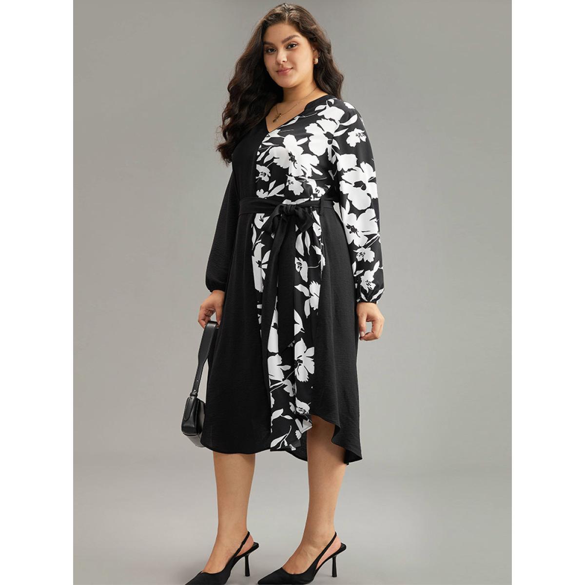 Plus Size Silhouette Floral Print Patchwork Pocket Dress Black Women Office Elastic cuffs Notched collar Long Sleeve Curvy Midi Dress BloomChic 30/6X Product Image