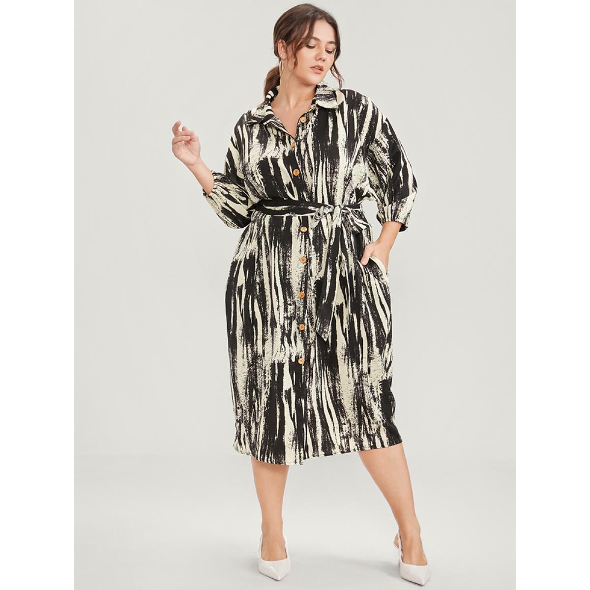 Plus Size Shirt Collar Pocket Belted Button Up Dress Black Women Office Belted Shirt collar Long Sleeve Curvy Midi Dress BloomChic 10/M Product Image