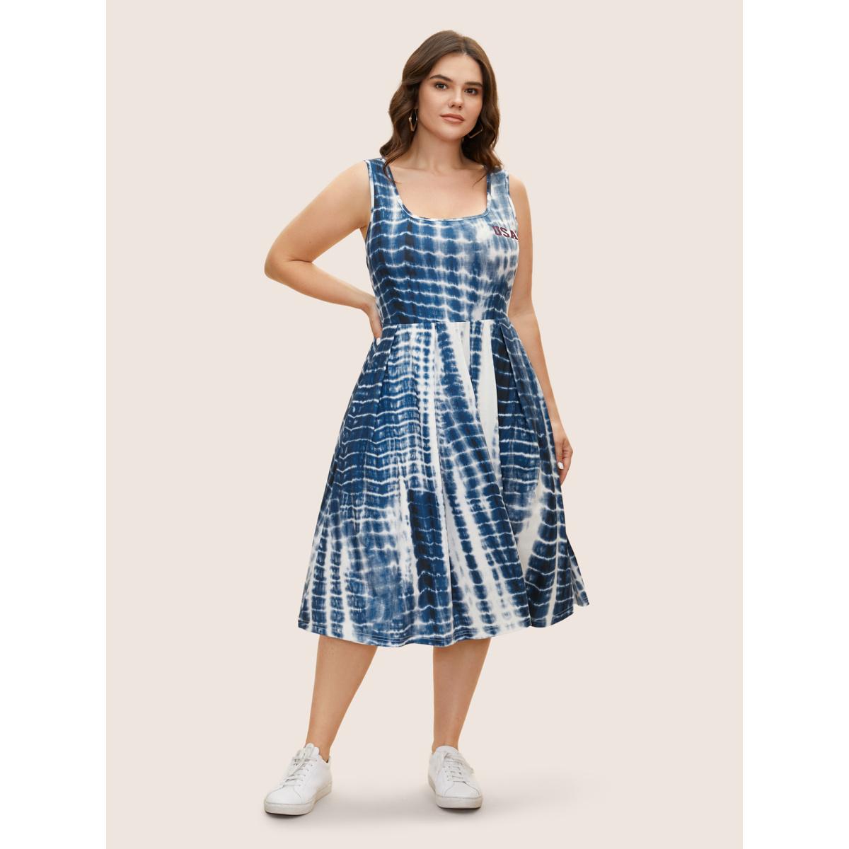 Plus Size Tie Dye Round Neck Pleated Midi Dress Mediumblue Women Casual Non Round Neck Short sleeve Curvy BloomChic 30/6X Product Image