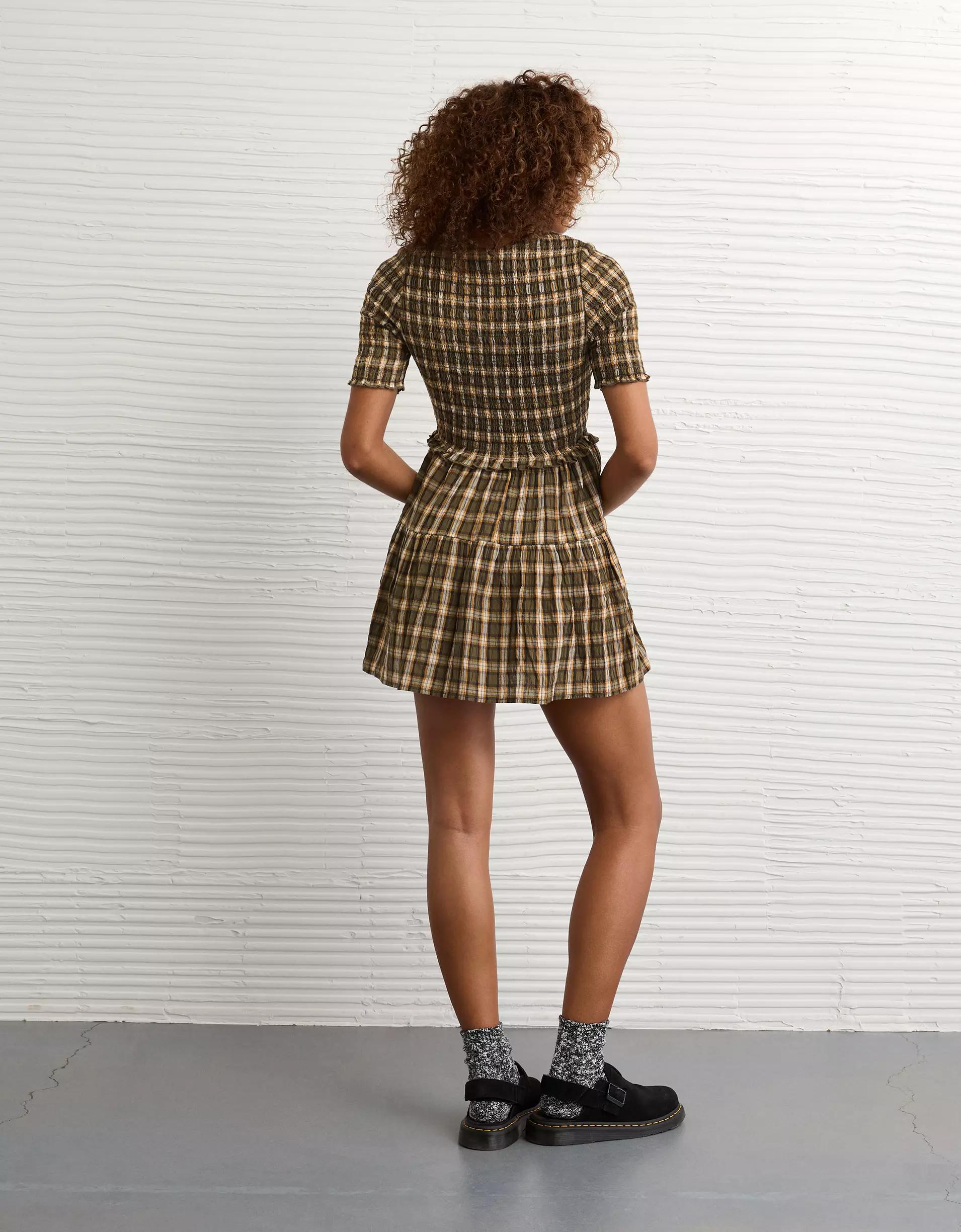 AE Puff Sleeve Tie Front Plaid Mini Dress Product Image