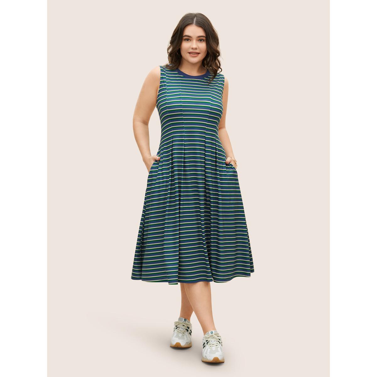 Plus Size Contrast Striped Pleated Pocket Tank Dress Mediumblue Women Casual Contrast Round Neck Sleeveless Curvy BloomChic 18-20/2X Product Image
