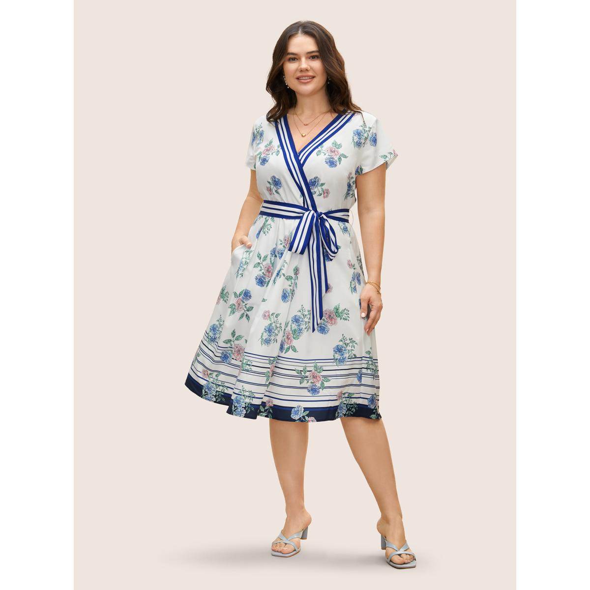 Plus Size Floral Patchwork Striped Wrap Cap Sleeve Dress Mediumblue Women Elegant Belted V-neck Cap Sleeve Curvy BloomChic 14-16/1X Product Image