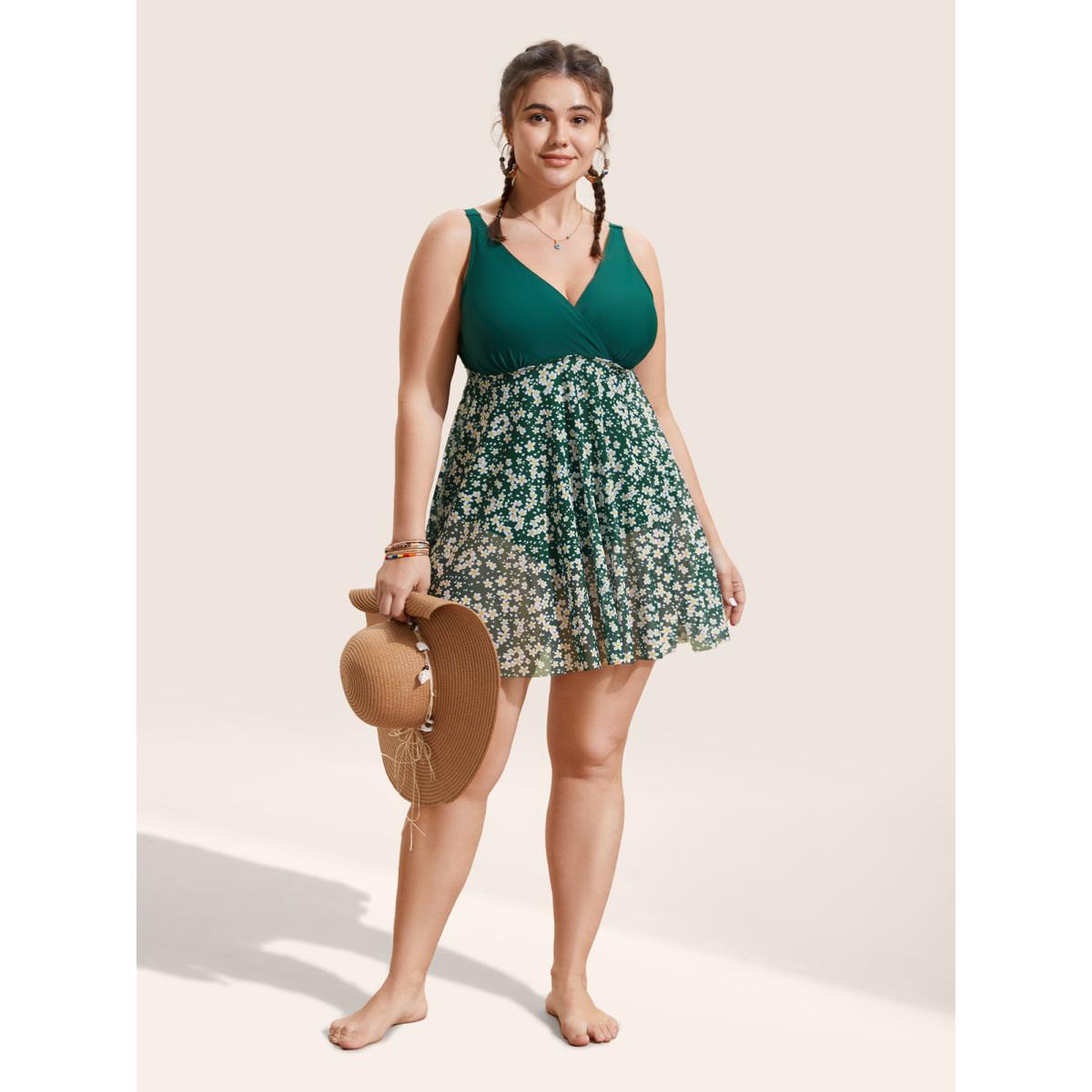 Plus Size Overlap Collar Ditsy Floral Slit Hem Swim Dress Women's Swimwear DarkGreen Beach Bodycon Overlap Collar High stretch Curve Swim Dresses BloomChic 12/L Product Image