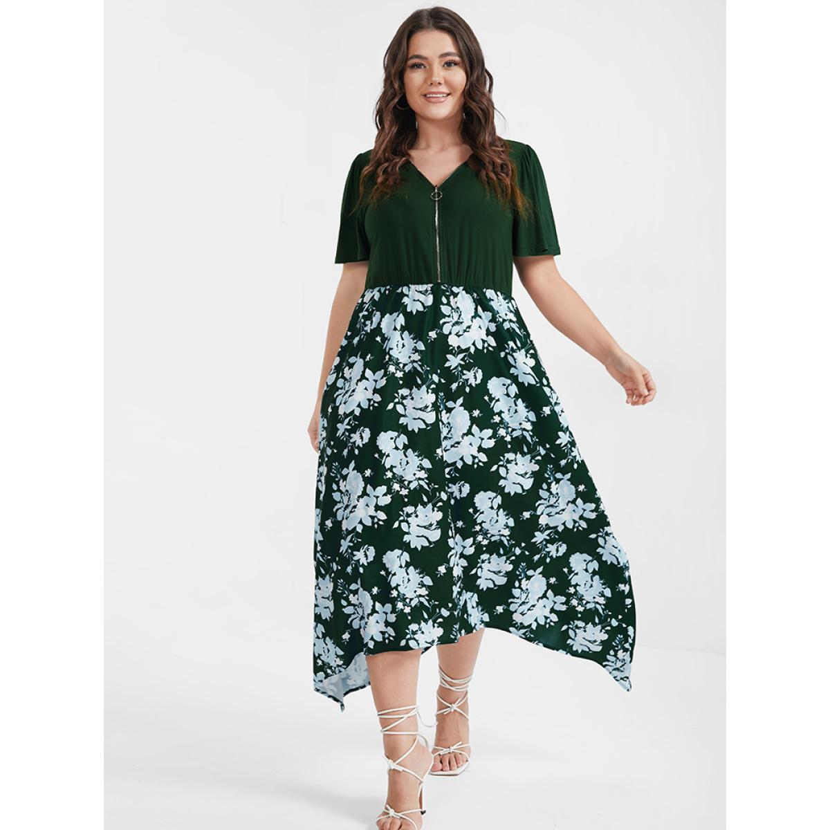 Plus Size Floral Patchwork Zipper Asymmetrical Hem Pocket Midi Dress DarkGreen Women Elegant Patchwork V-neck Short sleeve Curvy Midi Dress BloomChic 26/4X Product Image