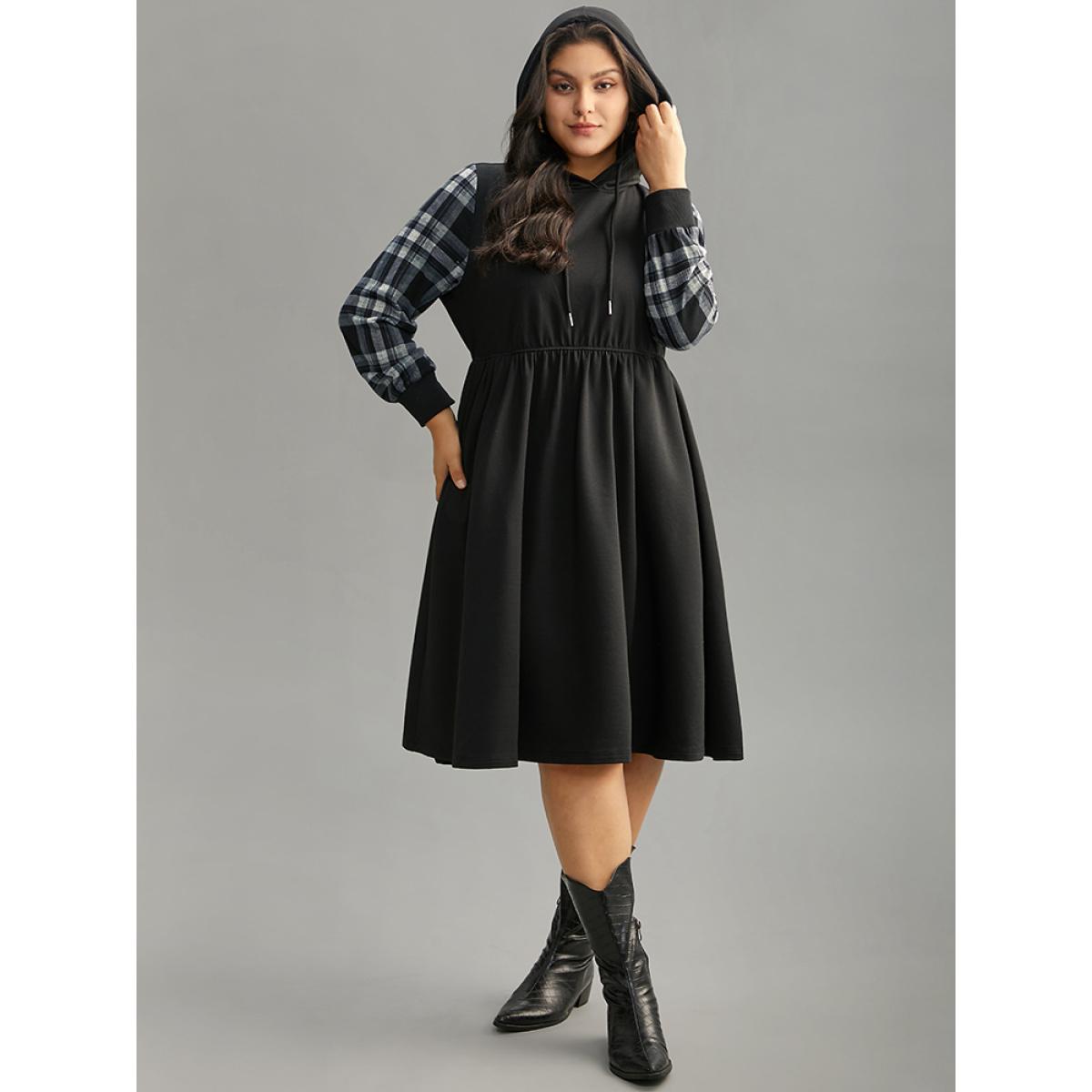 Plus Size Plaid Patchwork Drawstring Pocket Hooded Dress Black Women Casual Printed Hooded Long Sleeve Curvy Midi Dress BloomChic 12/L Product Image