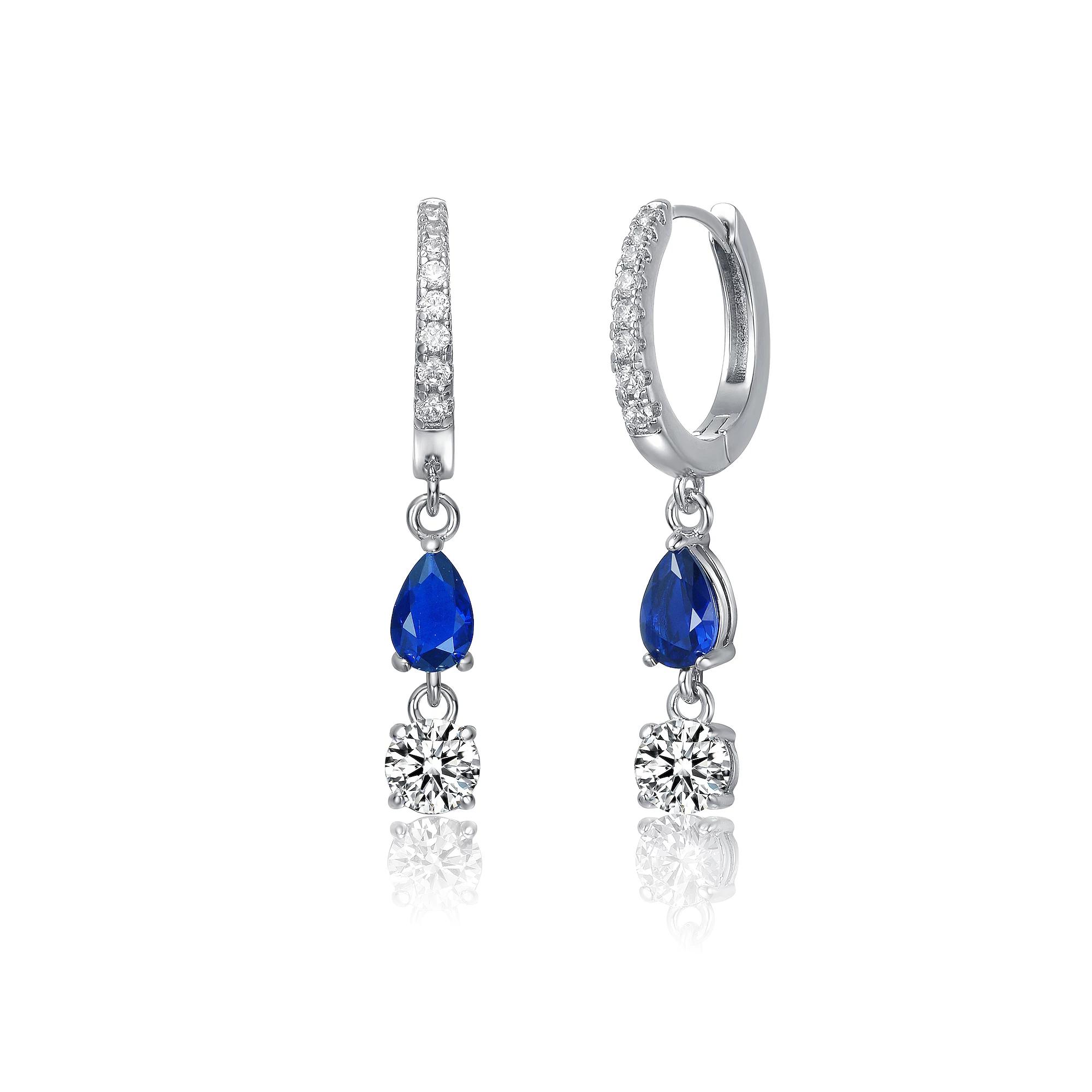 Two-Stone Cubic Zirconia Dangle Huggie Hoop Earrings, Women's, Silver Tone Blue Product Image