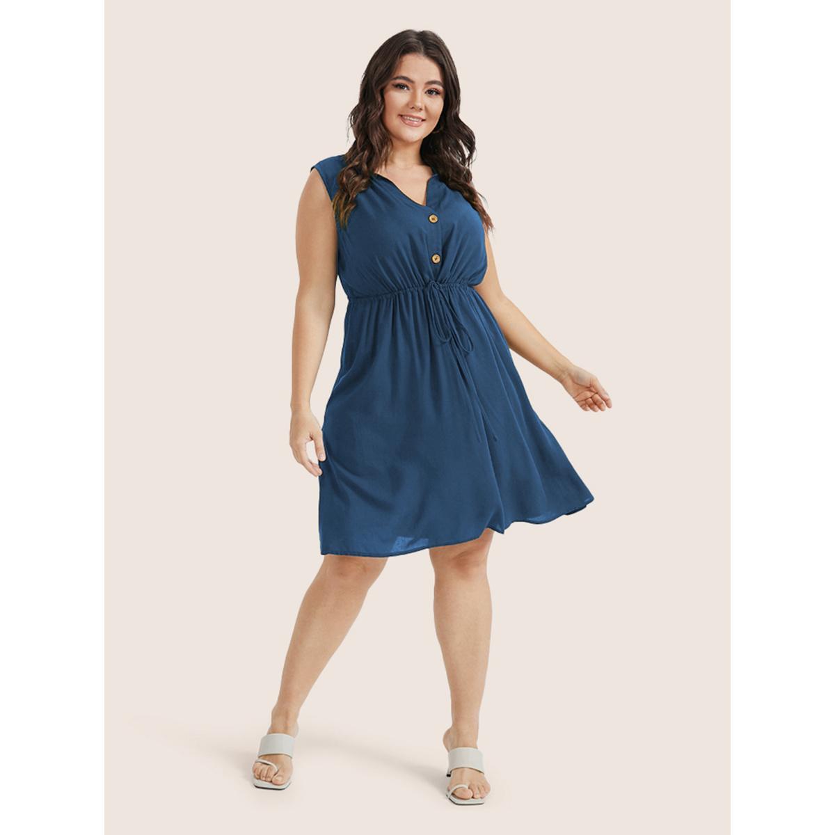 Plus Size Plain Ties Front Button Pocket V Neck Dress Aegean Women Work From Home Button V-neck Sleeveless Curvy Knee Dress BloomChic 22-24/3X Product Image