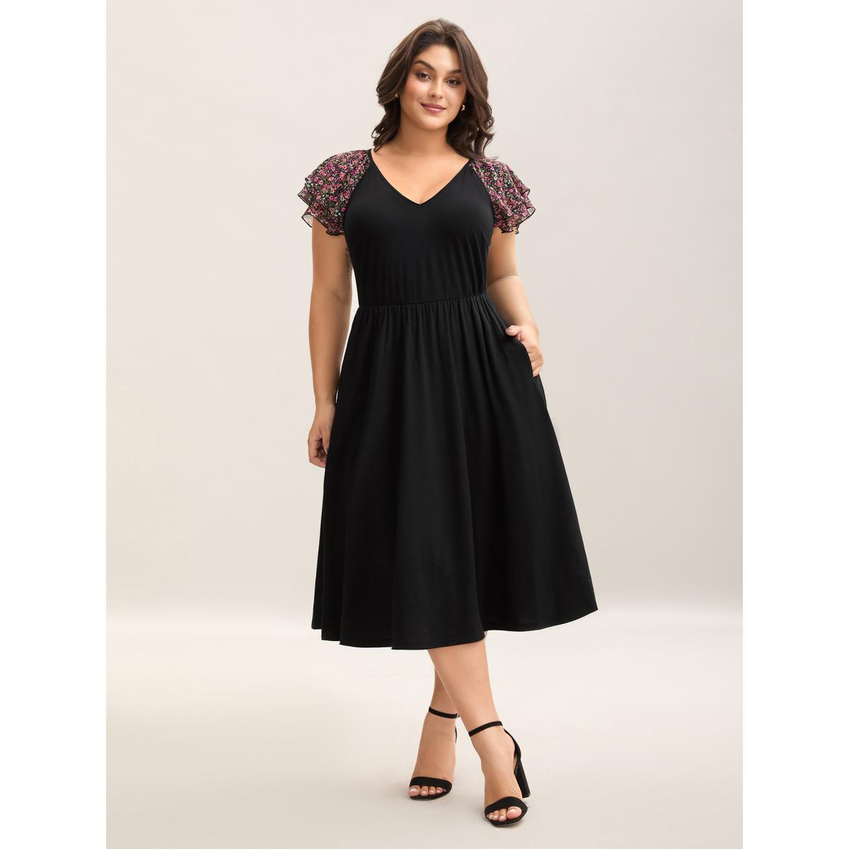 Plus Size Floral Sleeves Spliced Pockets Midi Dress Black Women V-neck Cap Sleeve Curvy BloomChic 18-20/2X Product Image