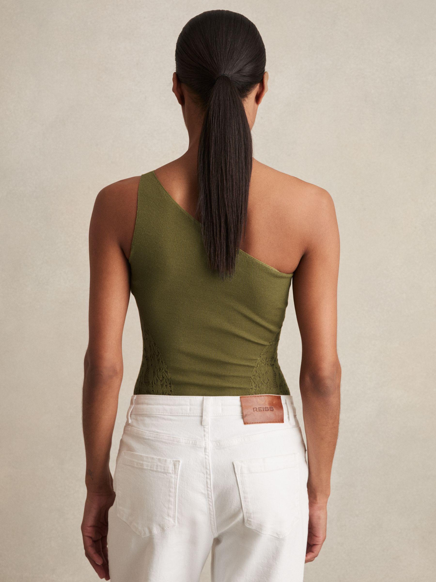 Lace-Knit Detail One-Shoulder Bodysuit in Green Product Image