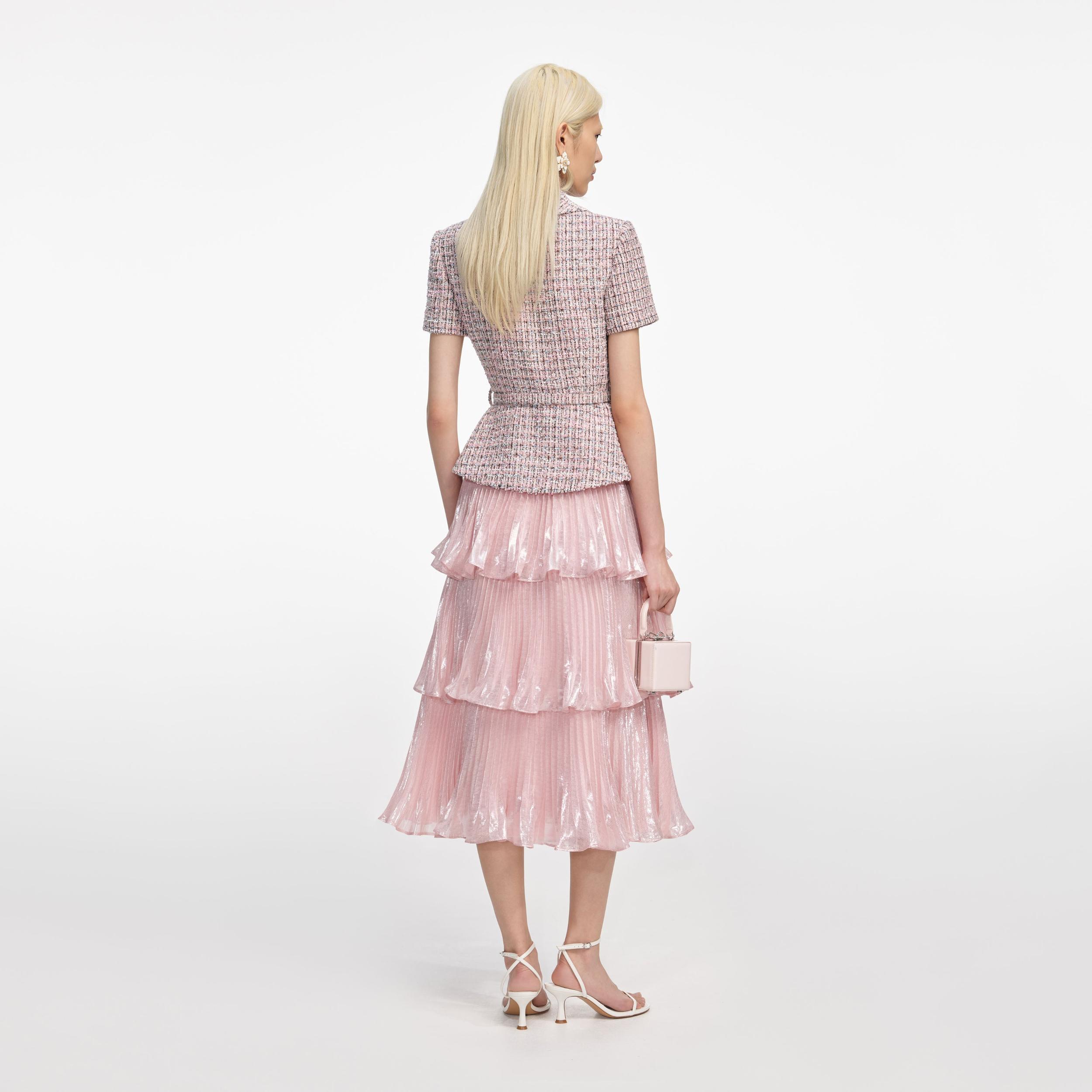 Pink Boucle Metallic Tiered Midi Dress Product Image