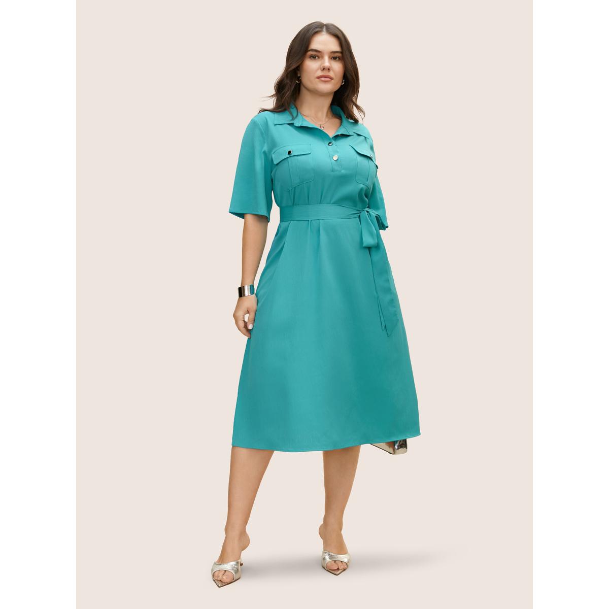 Plus Size Shirt Collar Solid Flap Pocket Split Hem Dress Turquoise Women At the Office Belted Shirt collar Half Sleeve Curvy BloomChic 18-20/2X Product Image
