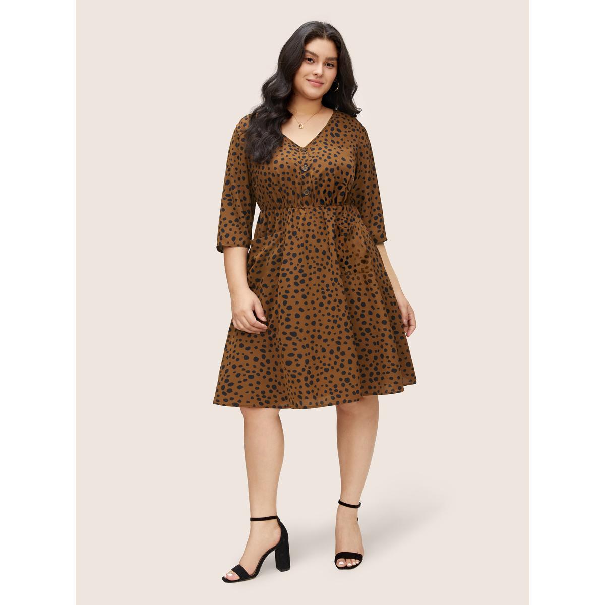Plus Size Leopard Elastic Waist Pocket Button Detail Dress Chocolate Women Work From Home Non V-neck Elbow-length sleeve Curvy Midi Dress BloomChic 18-20/2X Product Image
