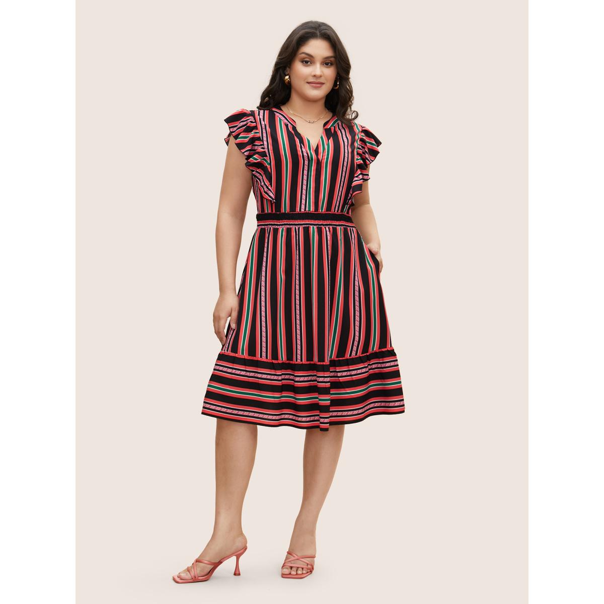 Plus Size Contrast Striped Ruffle Cap Sleeve Dress Black Women Elegant Ruffles Notched collar Cap Sleeve Curvy BloomChic 22-24/3X Product Image