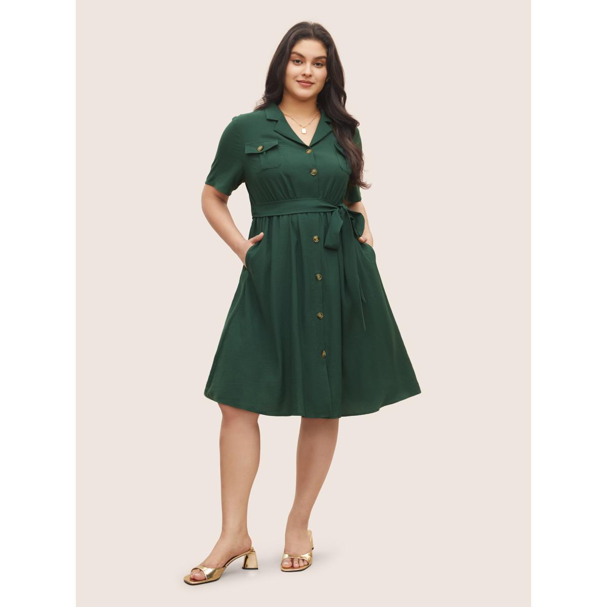 Plus Size Plain Suit Collar Belted Flap Detail Dress Cyan Women At the Office Non Suit Collar Short sleeve Curvy Midi Dress BloomChic 14-16/1X Product Image