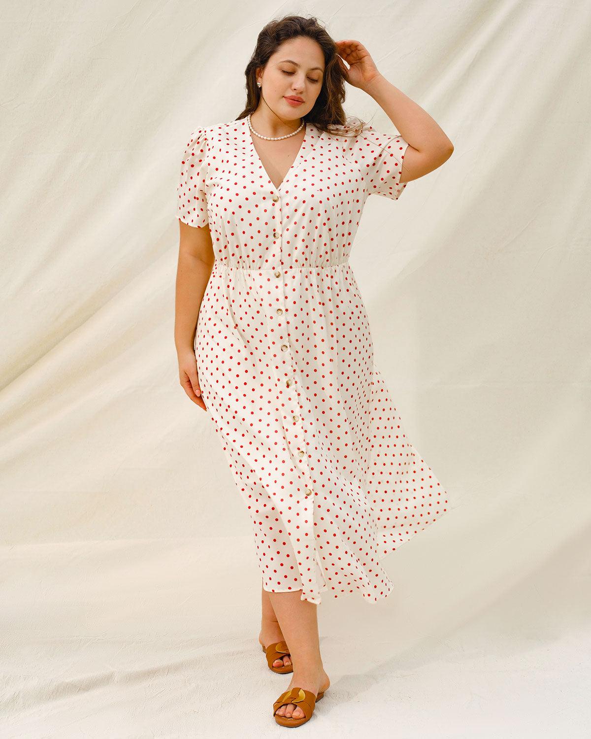 Beige Polka Dot Plus Size Midi Dress Product Image