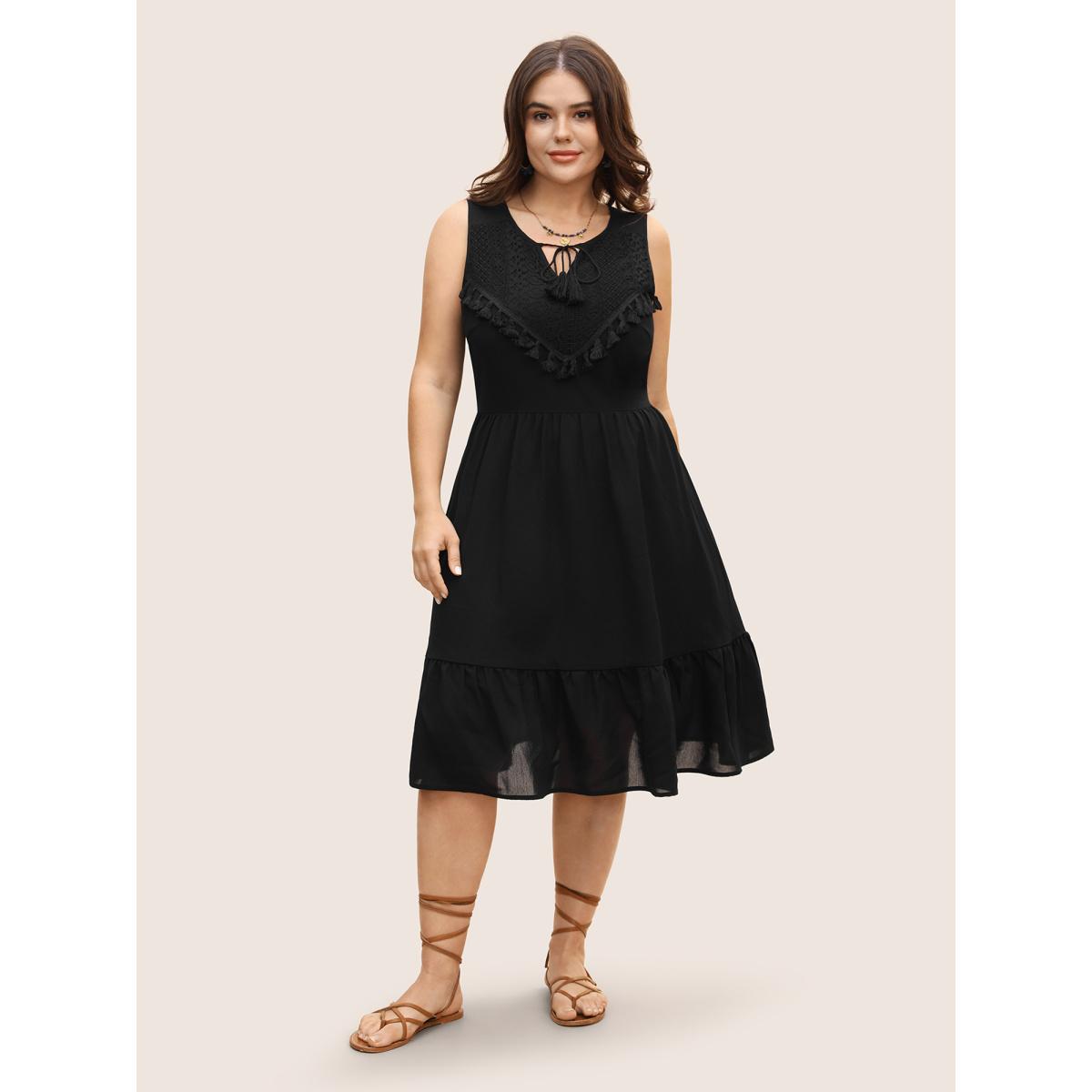 Plus Size Lace Panel Tassel Trim Mesh Tank Dress Black Women Resort Woven ribbon&lace trim Flat collar with V-notch Sleeveless Curvy BloomChic 18-20/2X Product Image