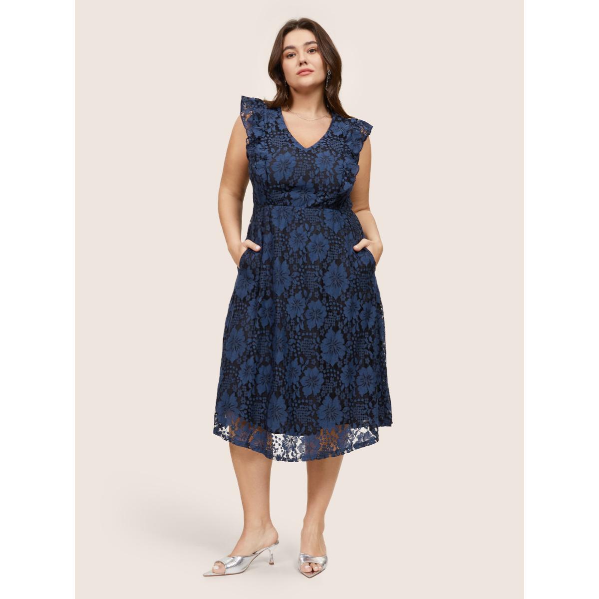 Plus Size Eyelet Lace Pocket Ruffle Trim Sleeveless Dress Black Women Glamour Lace V-neck Sleeveless Curvy Midi Dress BloomChic 30/6X Product Image