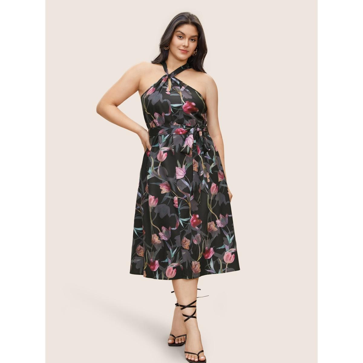 Plus Size Floral Halter Belted Twist Front Pocket Dress BlackFlower Women Elegant Belted Halter neck Sleeveless Curvy Midi Dress BloomChic 10/M Product Image