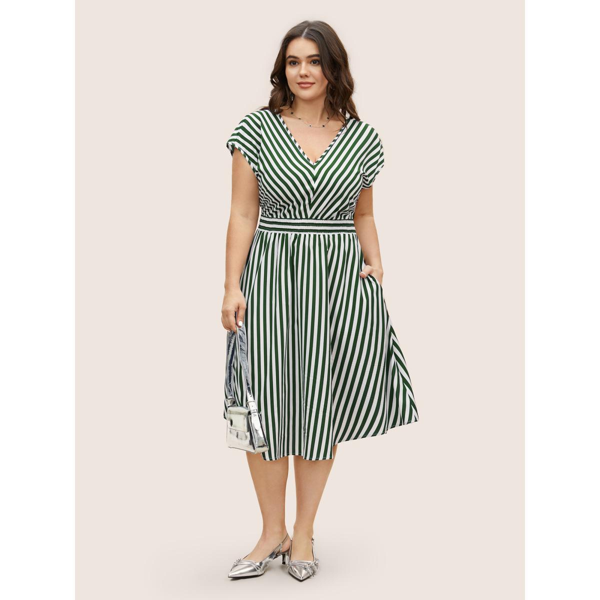 Plus Size Striped Shirred Dolman Sleeve Dress Truegreen Women At the Office V-neck Cap Sleeve Curvy BloomChic 26/4X Product Image