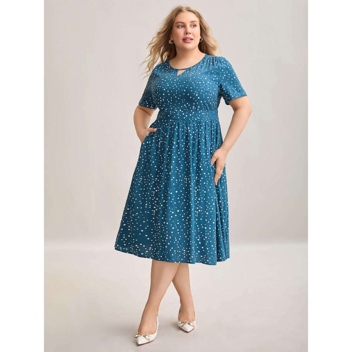 Plus Size Dot Print Shirred Waist Midi Dress Aegean Women At the Office Gathered Round Neck Short sleeve Curvy BloomChic 28/5X Product Image