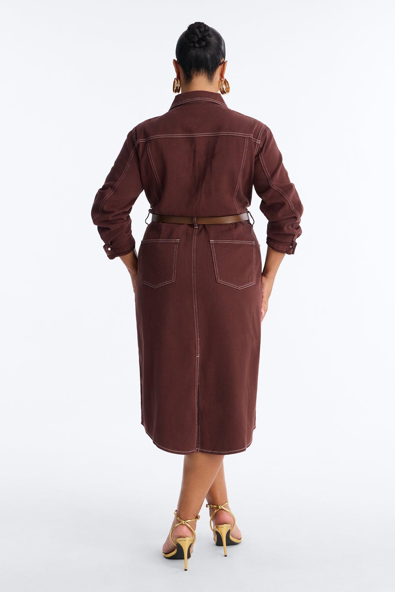 Harper Belted Denim Midi Dress - Brown Female Product Image
