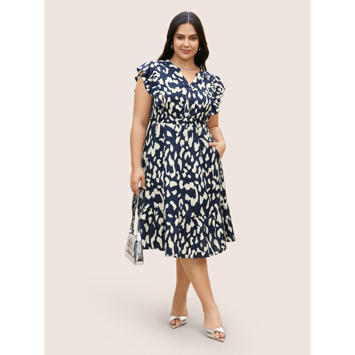 Plus Size Notched Leopard Print Cap Sleeve Ruffles Dress Navy Women At the Office Notched collar Cap Sleeve Curvy BloomChic 28/5X Product Image