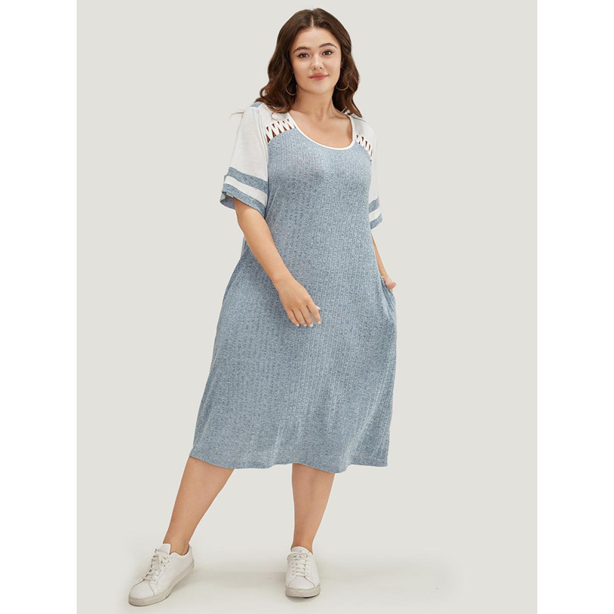 Plus Size Colorblock Contrast Pocket Crisscross Detail Rib Knit Dress Stone Women Casual Contrast Round Neck Short sleeve Curvy Midi Dress BloomChic 30/6X Product Image
