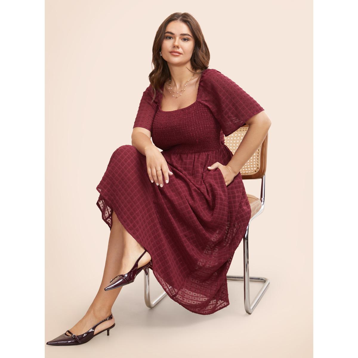 Plus Size Square Neck Textured Shirred Midi Dress Burgundy Women Elegant Texture Square Neck Short sleeve Curvy BloomChic 22-24/3X Product Image